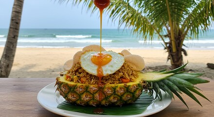 Tropical Pineapple Fried Rice - Colorful Veggie & Egg Dish with Orange Glaze on Beach Background AI-Generated  
