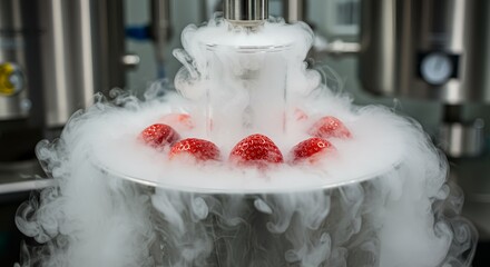 Ethereal Strawberry Dessert - Creamy White Parfait with Glossy Berries & Dramatic Dry Ice Fog AI-Generated  
