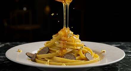 Golden Truffle Pasta Elegance - Honey-Glazed Fettuccine with Black Truffle & Gold Leaf on White Plate AI-Generated  