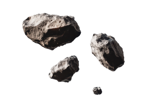 Flying asteroids drifting through space isolated on a white background showcasing their rocky textures and sizes in a cosmic setting