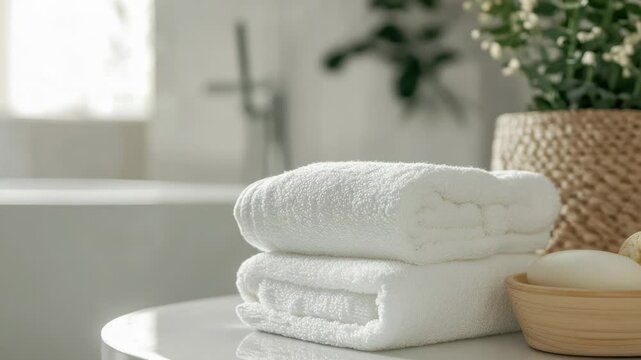 A stack of white towels sits on a table, ready for use