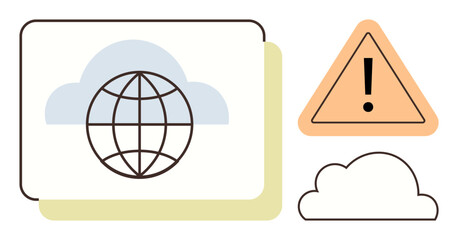 Globe icon within cloud, warning triangle with exclamation, two cloud shapes. Ideal for cloud computing, data storage, internet connectivity, global communication, cybersecurity, warning systems