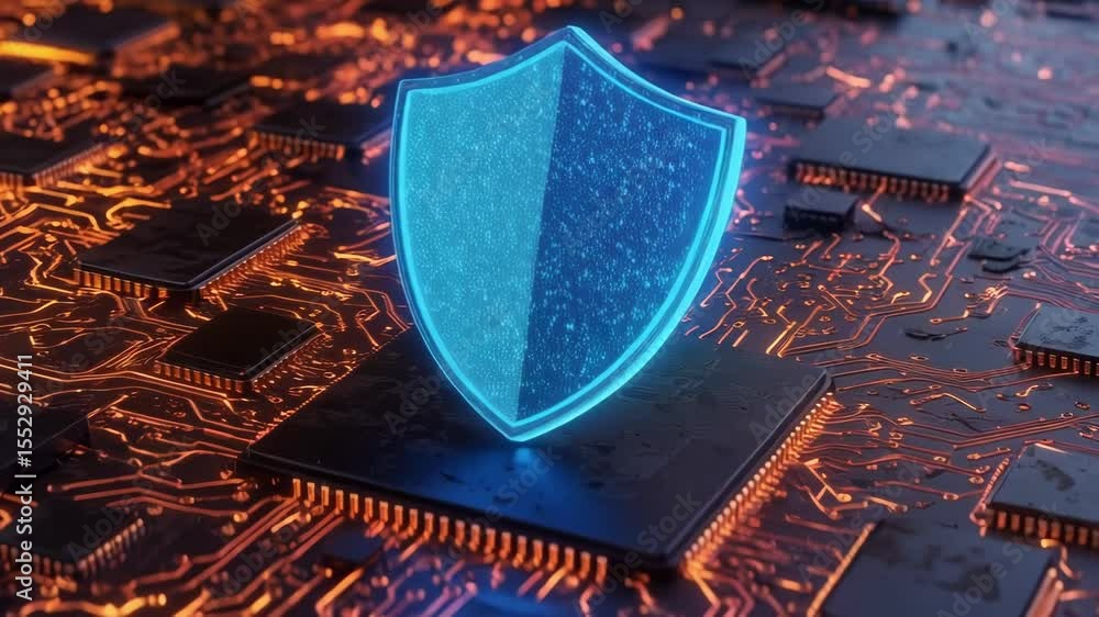 Aufkleber a blue digital shield rests on a computer circuit board representing cybersecurity