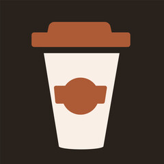 Takeaway coffee cup with lid and label on dark background. Flat vector illustration. Hot drink and beverage container concept