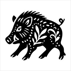 Forest animal boar in linocut textured style. Isolated on white background vector illustration
