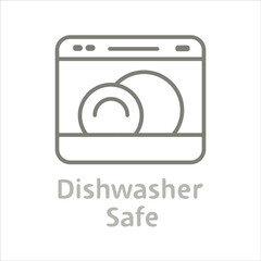 Dishwasher safe symbol with clean dishes inside appliance icon and text. Flat monochrome vector illustration.