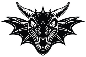 Fierce dragon head in black shows sharp teeth and large horns strikingly