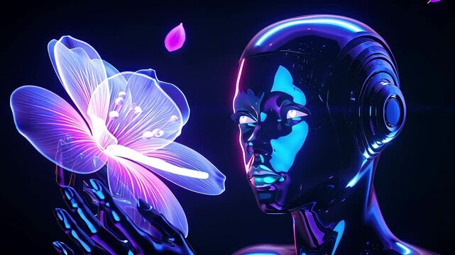 Hyperrealistic AI Portrait with Holographic Flower and Cinematic Glow
