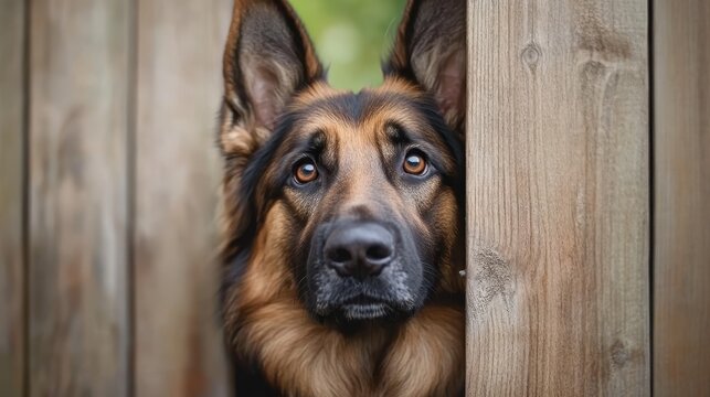 A close-up of a soulful German Shepherd looking through a wooden fence, capturing the dog's expressive eyes and loyal personality in a moment of longing and curiosity. - Powered by Adobe