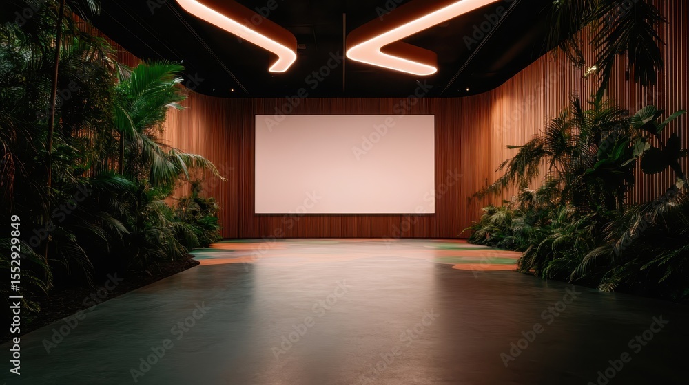 Poster a contemporary presentation space features a large screen framed by lush greenery, creating a perfec