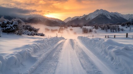 A serene winter landscape featuring a snow-covered road leading towards majestic mountains under a beautiful sunset, creating a sense of tranquility and exploration.