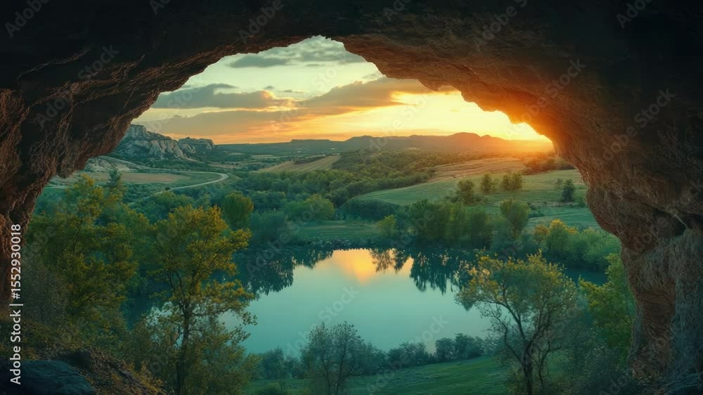 Poster a serene lake view from the perspective of someone standing inside a cave, offering a unique and pea