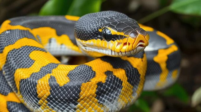 A close-up view of a snake coiled around a branch, providing a detailed look at its texture and pattern