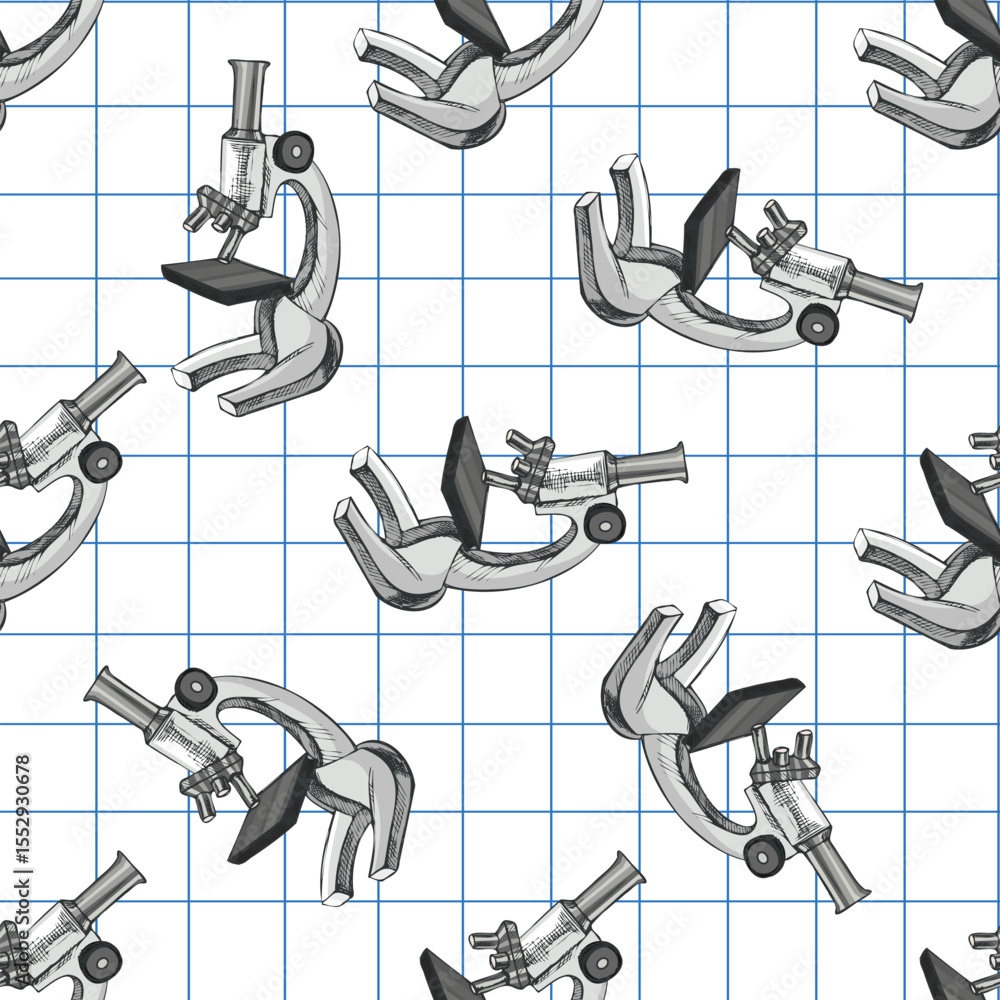 Poster hand drawn vintage seamless pattern of scientific microscopes in grayscale on grid notebook backgrou