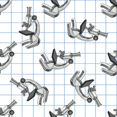 Hand drawn vintage seamless pattern of scientific microscopes in grayscale on grid notebook background, vector illustration