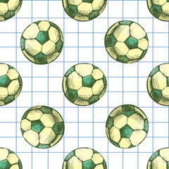 Hand drawn vintage seamless pattern of soccer balls in yellow and green on grid notebook background, vector sketch