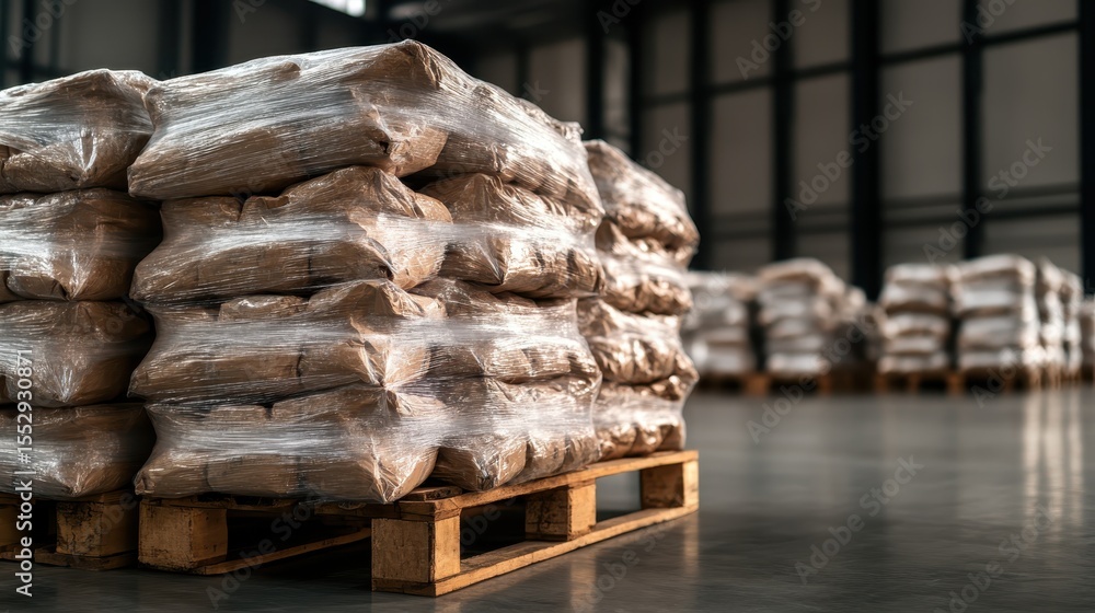 Poster the image portrays neatly stacked pallets of bulk packaging in a modern warehouse, showcasing organi