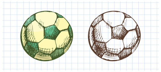 Hand drawn vintage sketch of classic soccer ball set in color and monochrome on grid notebook background