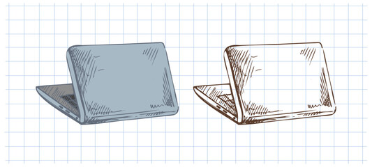Hand drawn vintage sketch of open laptop computer in blue color with notebook grid, set with monochrome version