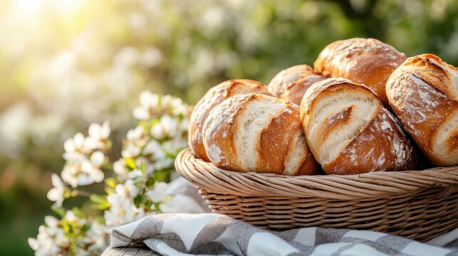A beautifully arranged basket filled with warm, freshly baked bread rolls, surrounded by blooming flowers, evoking feelings of comfort, home, and rustic culinary delight. - Powered by Adobe