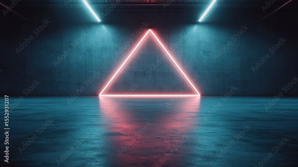 Poster an abstract space featuring a futuristic neon triangle illuminating the dark surroundings, creating 