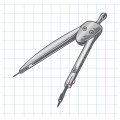 Hand drawn vintage sketch of metal compass for geometry and technical drawing on grid notebook background, grayscale
