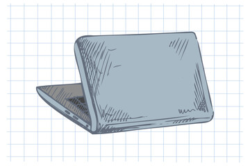 Hand drawn vintage sketch of school laptop in blue color with notebook grid, set with monochrome version