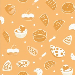Pattern of Various Food Items on a Warm Orange Background