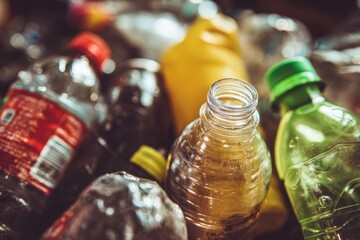 Plastic bottles, various colors and types, tightly clustered