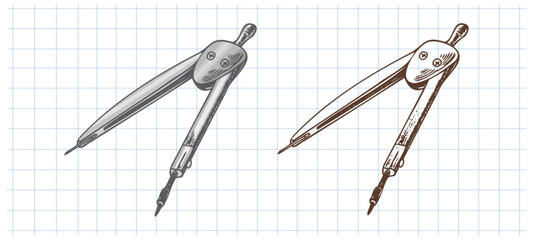 Hand drawn vintage sketch of metal compass in color and monochrome version on grid notebook background
