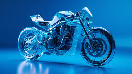 Transparent futuristic motorcycle standing out against blue background