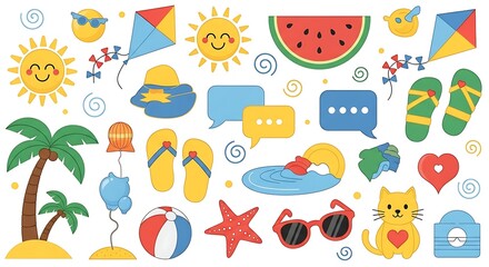 Vibrant summer vacation icons featuring sun beach and fun activities