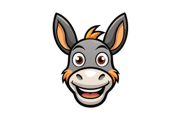 An animated gray donkey head smiles broadly, presenting brown eyes and a happy expression