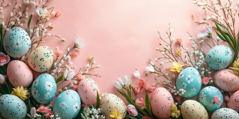 Obraz premium Colorful decorated Easter eggs surrounded by spring flowers on a pastel pink background