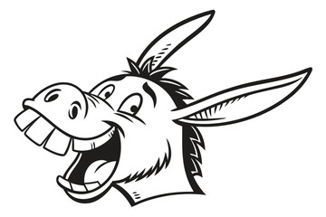 A monochrome cartoon donkey with a wide smile showcases its comical teeth happily