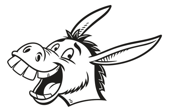 A monochrome cartoon donkey with a wide smile showcases its comical teeth happily