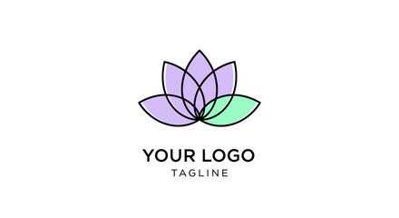 Fototapeta premium minimalist lotus flower logo design with purple and green pastel colors for wellness and beauty brands