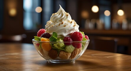 A bowl of colorful fruit topped with creamy ice cream, elegantly arranged on a rustic wooden table.