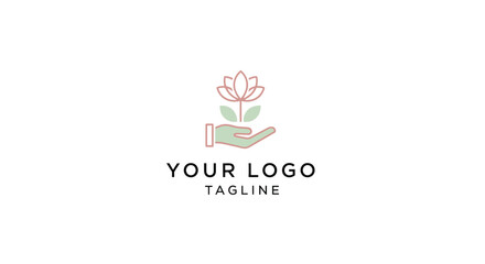 Fototapeta premium Elegant minimalist logo design featuring a hand holding a blooming flower symbolizing care and growth