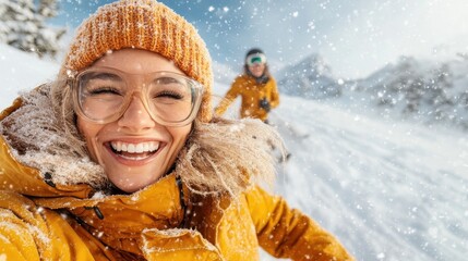Fototapeta premium A joyful woman smiling broadly as she enjoys the wintry outdoors, capturing the essence of winter fun and adventure, radiating happiness and excitement with snowflakes around her.