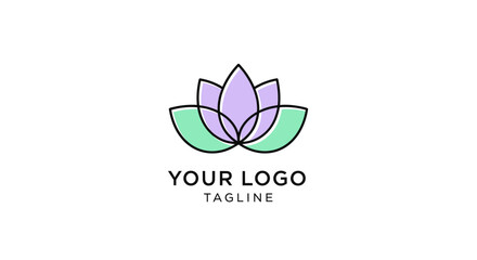 Minimalist lotus flower logo design with pastel purple and green tones for branding and wellness businesses