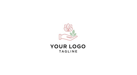 Fototapeta premium Minimalist hand holding leaves logo design for eco friendly and nature based branding purposes