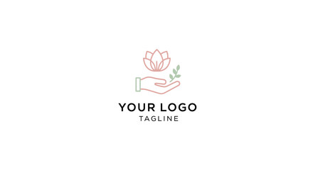 Minimalist logo design featuring a hand holding a lotus flower with a small leaf symbolizing care and growth