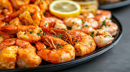 Freshly Cooked Shrimp Platter with Lemon Slice Garnish Perfect for Seafood Lovers and Gourmet Dishes Capturing a Vibrant Culinary Experience