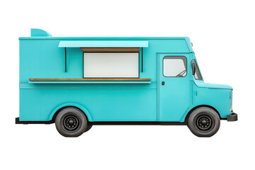 Pastel blue turquoise food truck parked in a vibrant urban setting during sunny afternoon with open serving window