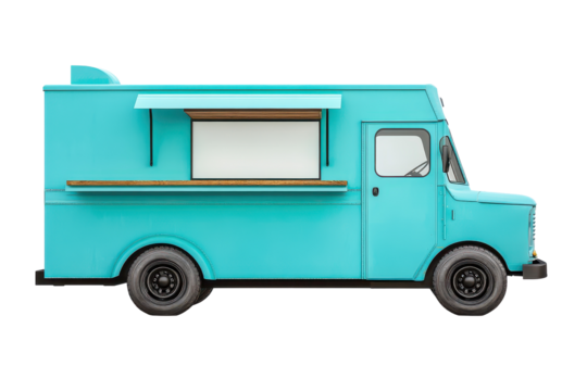 Pastel blue turquoise food truck parked in a vibrant urban setting during sunny afternoon with open serving window