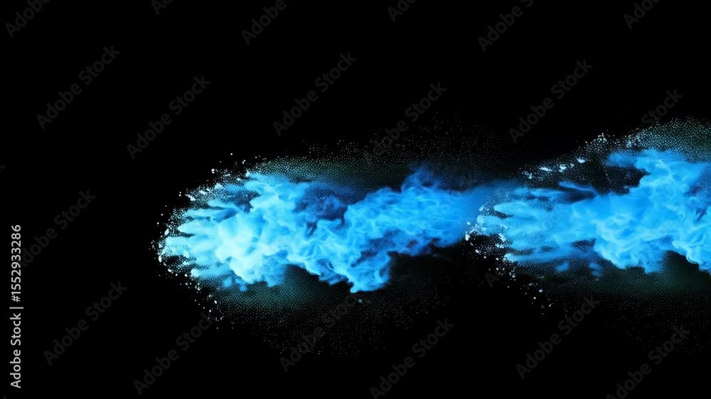 Poster swirling blue paint explosion on a black background, creating an abstract cloud of vibrant color wit
