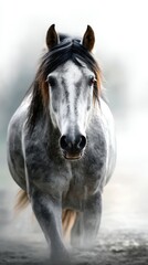 Obraz premium Majestic gray horse strides confidently through misty landscape at dawn, showcasing nature's beauty and serenity