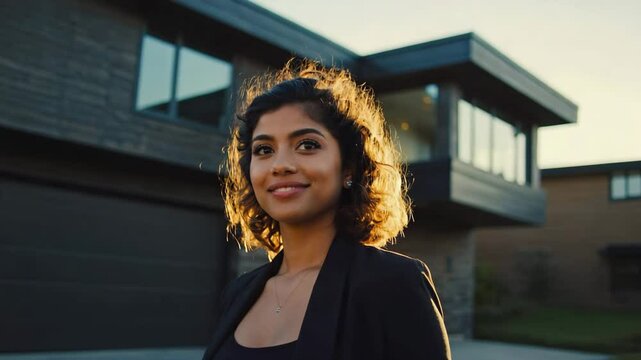 An elegant woman stands in front of a modern house, exuding confidence and warmth. The architecture of the house complements her poise, creating a scene of aspiration and success. 