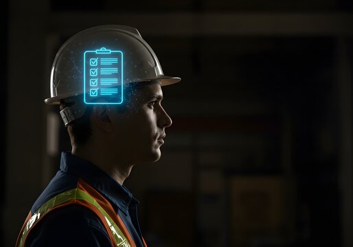 Professional Man Wearing Hard Hat with Glowing Digital Checklist Icon for Industrial Safety and Innovation - Powered by Adobe